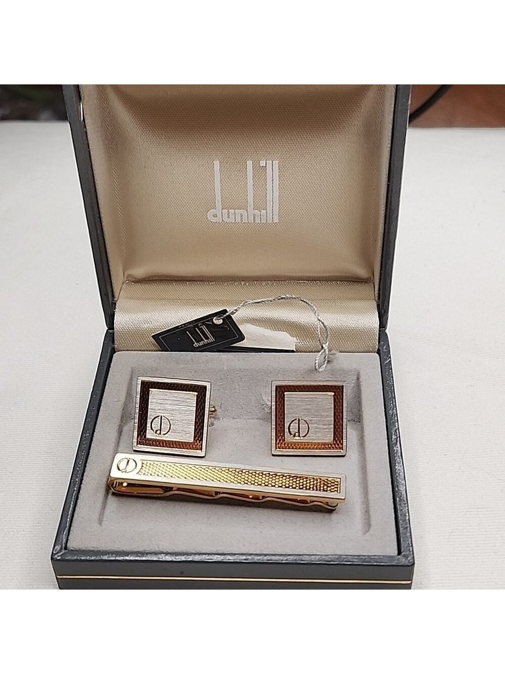Dunhill Square Cufflinks set Gold / Silver Tone with box